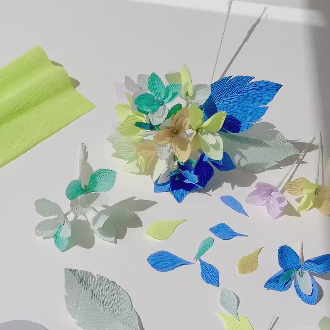 Kit Bouquet d'Hortensia en Crépon - Bleu, Vert, Gris, Jaune et Mauve - Ouessant