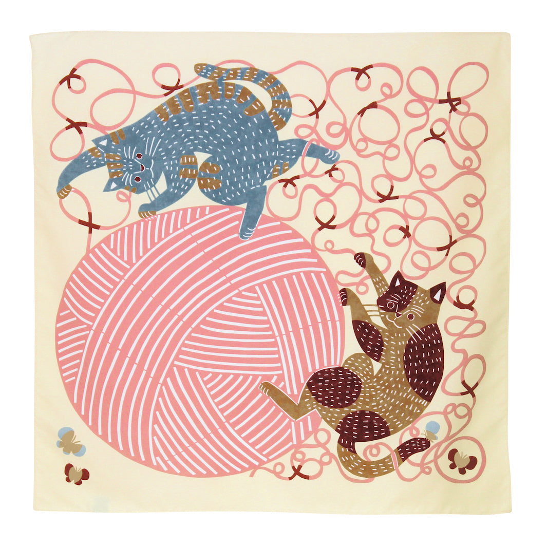 Furoshiki - Aquadrop - Chats et Pelote - Jaune Pâle, Rose, Gris Bleu et Marron - Kata Kata - 70x70cm
