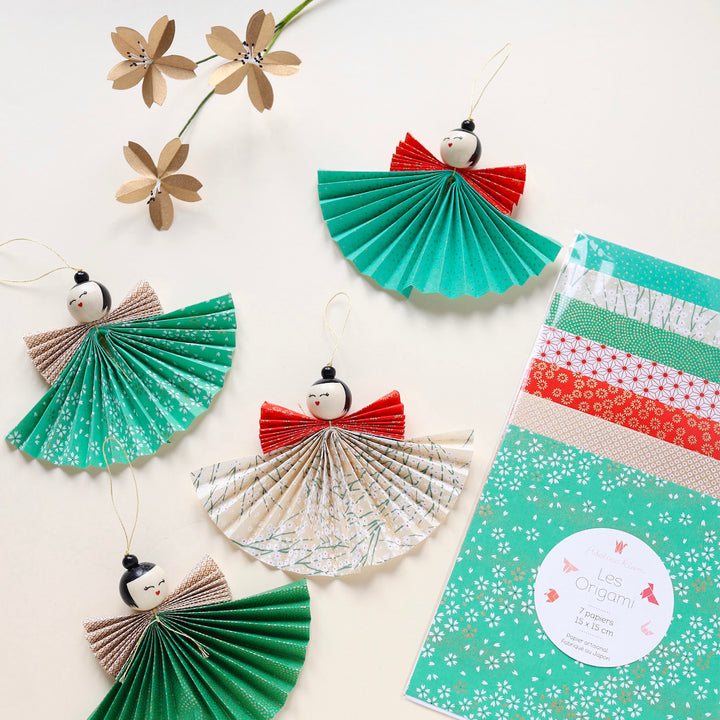 7 Papiers Origami - 15 x 15 cm - Vert, Rouge et Or - Lutin - E4