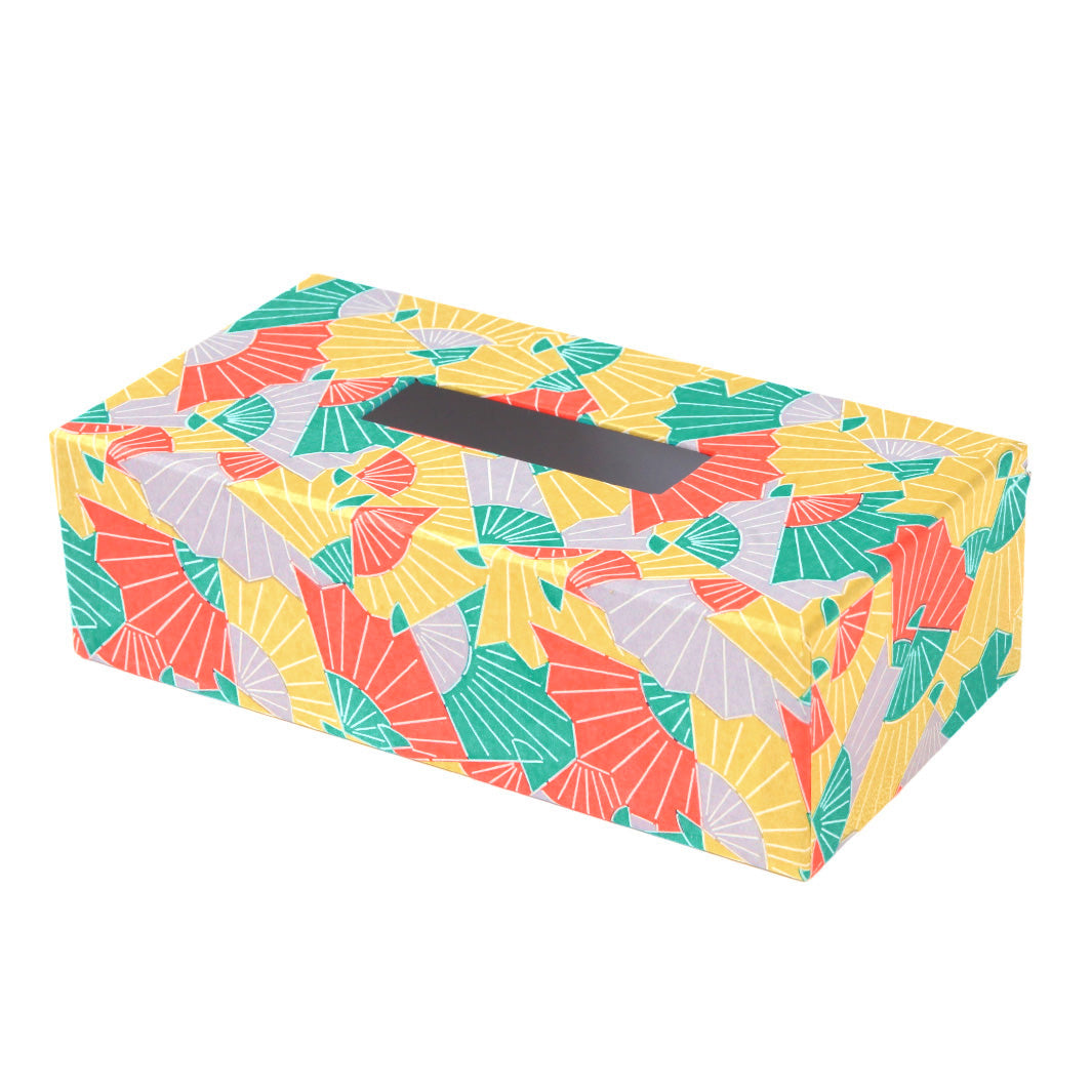 Boîte à Mouchoirs - Éventails Graphiques - Jaune, Mauve Pâle, Turquoise et Orange Vif - M881