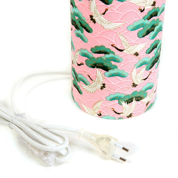 Lampe Japonaise à Poser - Grues, Pins et Vagues - Fond rose - M686