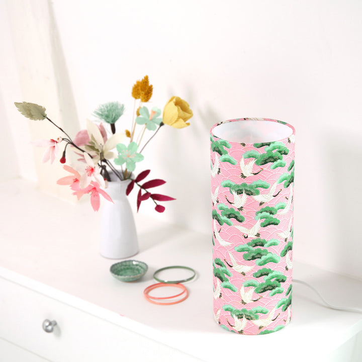 Lampe Japonaise à Poser - Grues, Pins et Vagues - Fond rose - M686