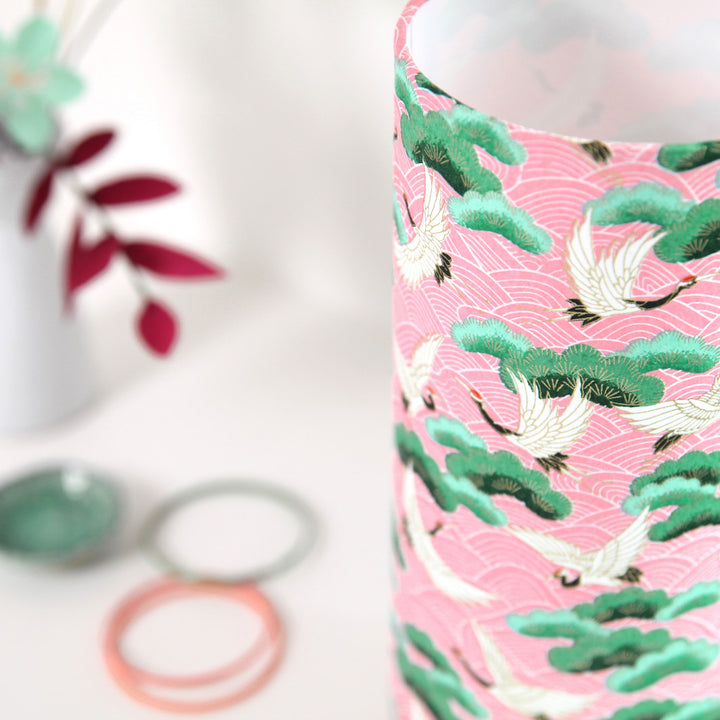 Lampe Japonaise à Poser - Grues, Pins et Vagues - Fond rose - M686