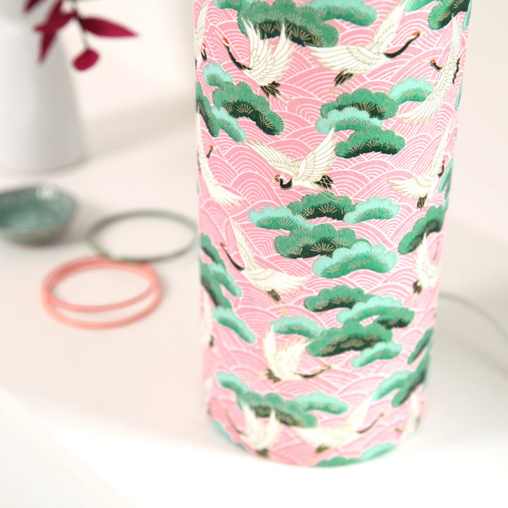 Lampe Japonaise à Poser - Grues, Pins et Vagues - Fond rose - M686