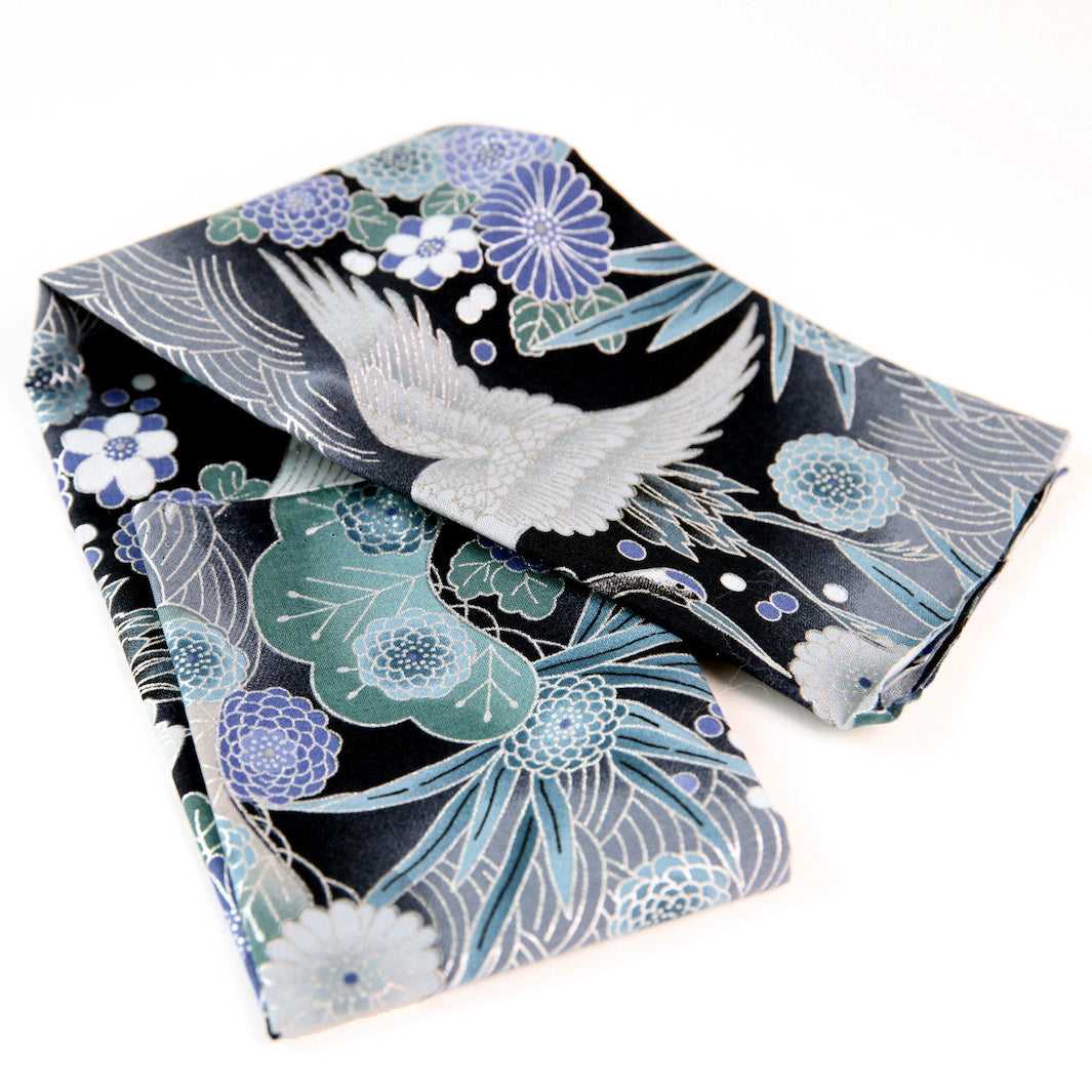 Tissu Japonais - Grues, Pins et Chrysanthème - Bleu Marine, Gris, Bleu Pétrole et Indigo - T463