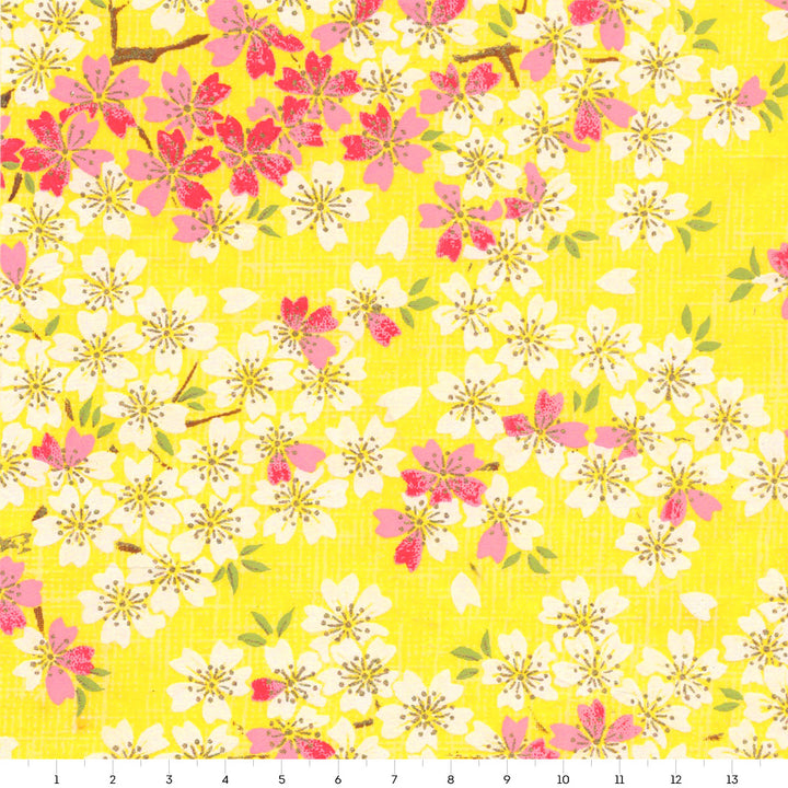 Papier Japonais - Fleurs de Cerisier - Jaune d'Or, Rose Clair et Fuchsia - M364