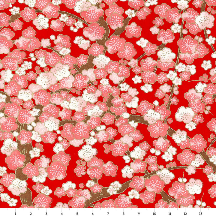 Papier Japonais - Fleurs de Prunier - Rouge, Rose et Crème - M446