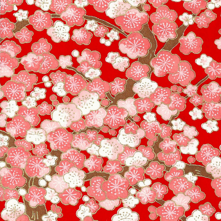Papier Japonais - Fleurs de Prunier - Rouge, Rose et Crème - M446