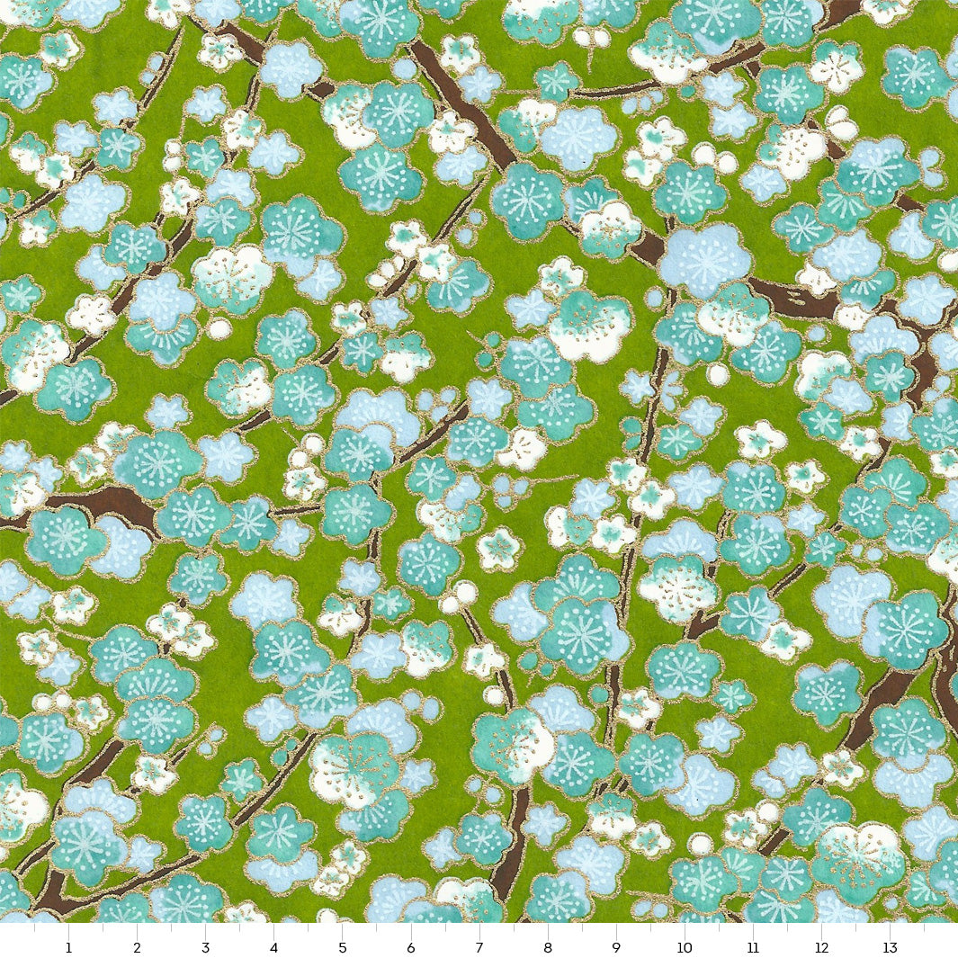 Papier Japonais - Fleurs de Prunier - Vert Moyen, Bleu Ciel et Turquoise - M449