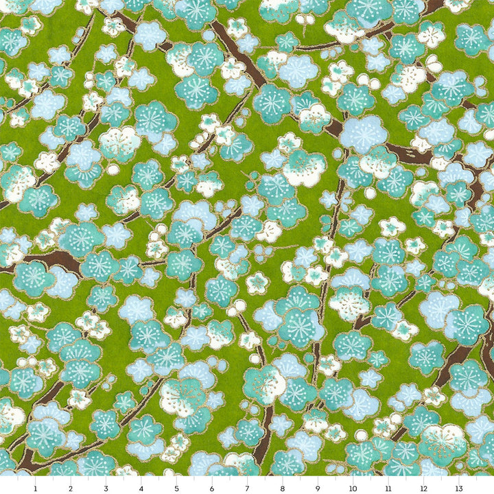 Papier Japonais - Fleurs de Prunier - Vert Moyen, Bleu Ciel et Turquoise - M449