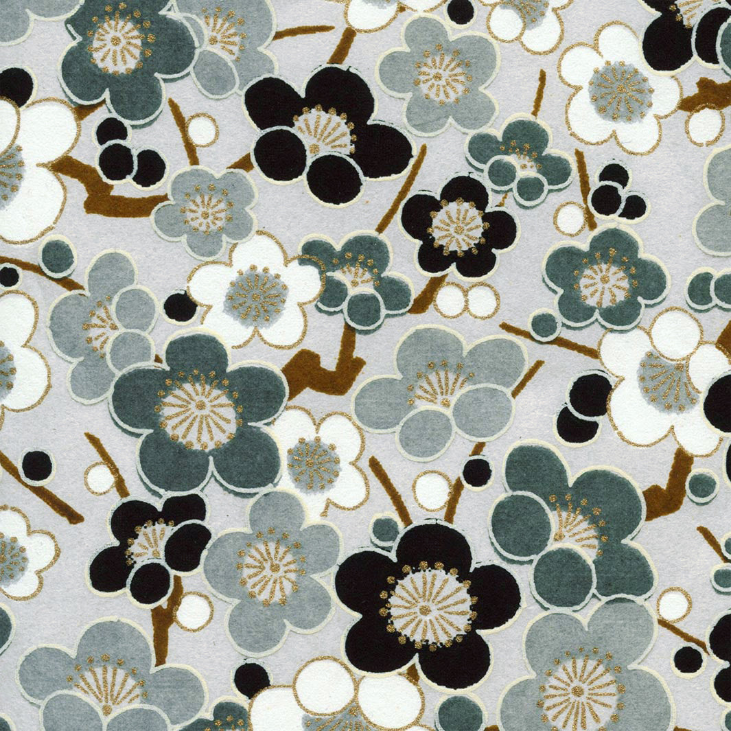 Carnet Papier Japonais - Grandes Fleurs de Prunier - Noir et Gris - M452