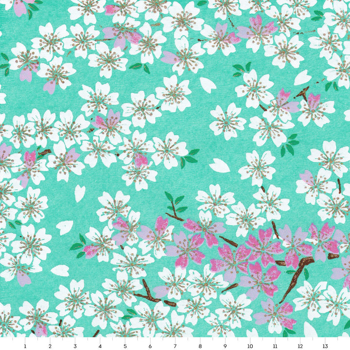 Papier Japonais - Fleurs de Cerisier - Vert Menthe, Violet Mauve et Blanc - M579