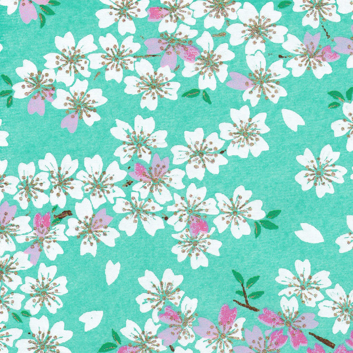 Papier Japonais - Fleurs de Cerisier - Vert Menthe, Violet Mauve et Blanc - M579