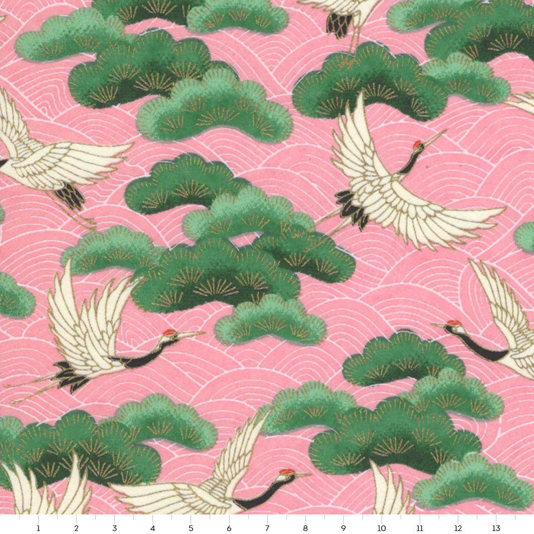 Papier Japonais - Grues, Pins et Vagues - Rose et Vert - M686
