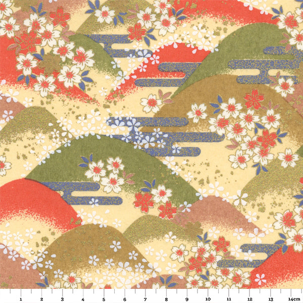 Papier Japonais - Montagne et Fleurs de cerisier - Jaune pâle - M761-Papier japonais-AdelineKlam