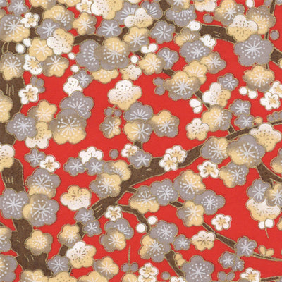 Papier Japonais - Fleurs de prunier - Rouge, Gris, crème - M766-Papier japonais-AdelineKlam
