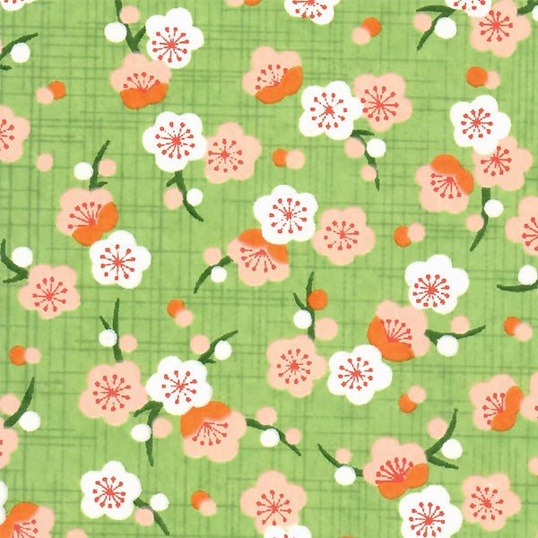 Papier Japonais - Fleurs de pruniers rétros - Vert et Orange - M788-Papier japonais-AdelineKlam