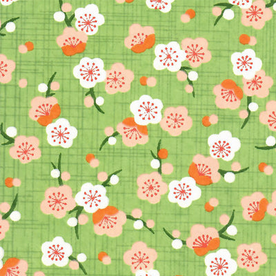 Papier Japonais - Fleurs de pruniers rétros - Vert et Orange - M788-Papier japonais-AdelineKlam
