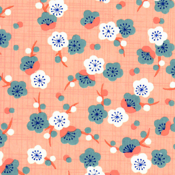 Papier Japonais - Fleurs de Prunier Rétro - Rose Saumon et Bleu Canard - M792