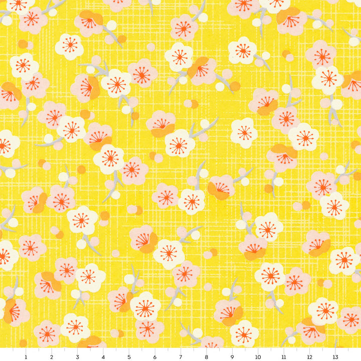 Papier Japonais - Fleurs de Prunier Rétro - Jaune et Rose pâle - M796