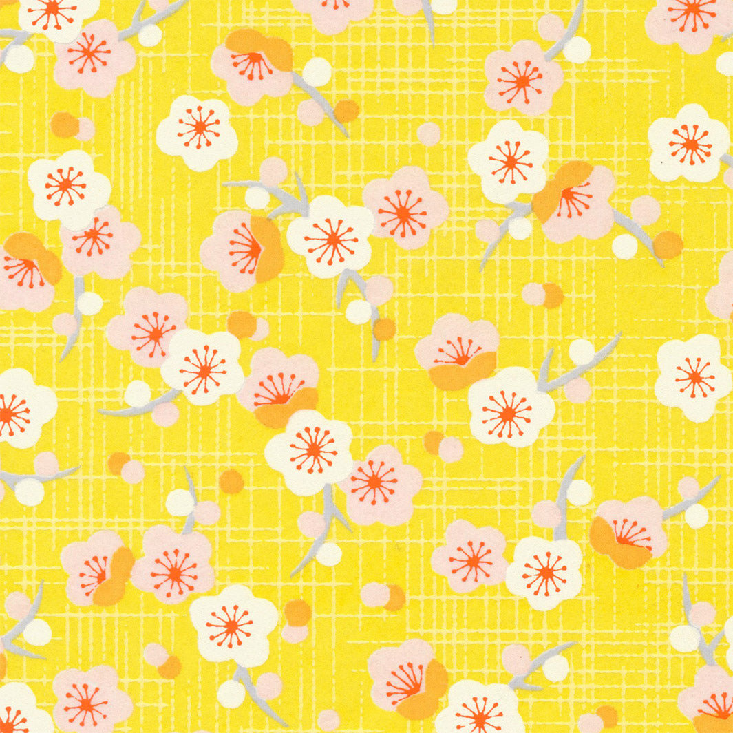 Papier Japonais - Fleurs de Prunier Rétro - Jaune et Rose pâle - M796
