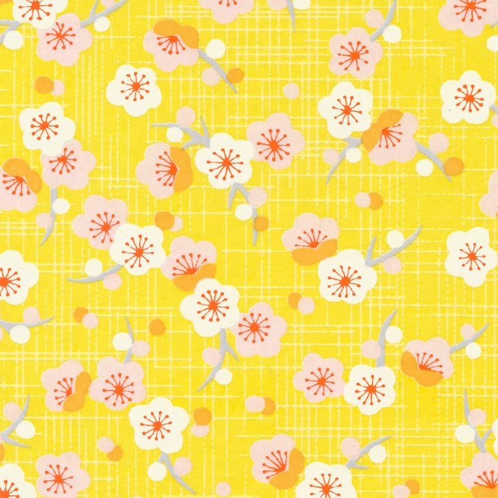 Papier Japonais - Fleurs de Prunier Rétro - Jaune et Rose pâle - M796