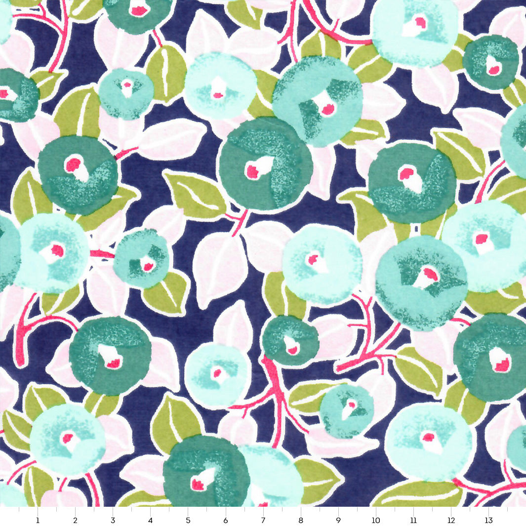 Papier Japonais - Camélias - Violet Foncé, Vert d'Eau, Rose Pâle et Fuchsia - M801
