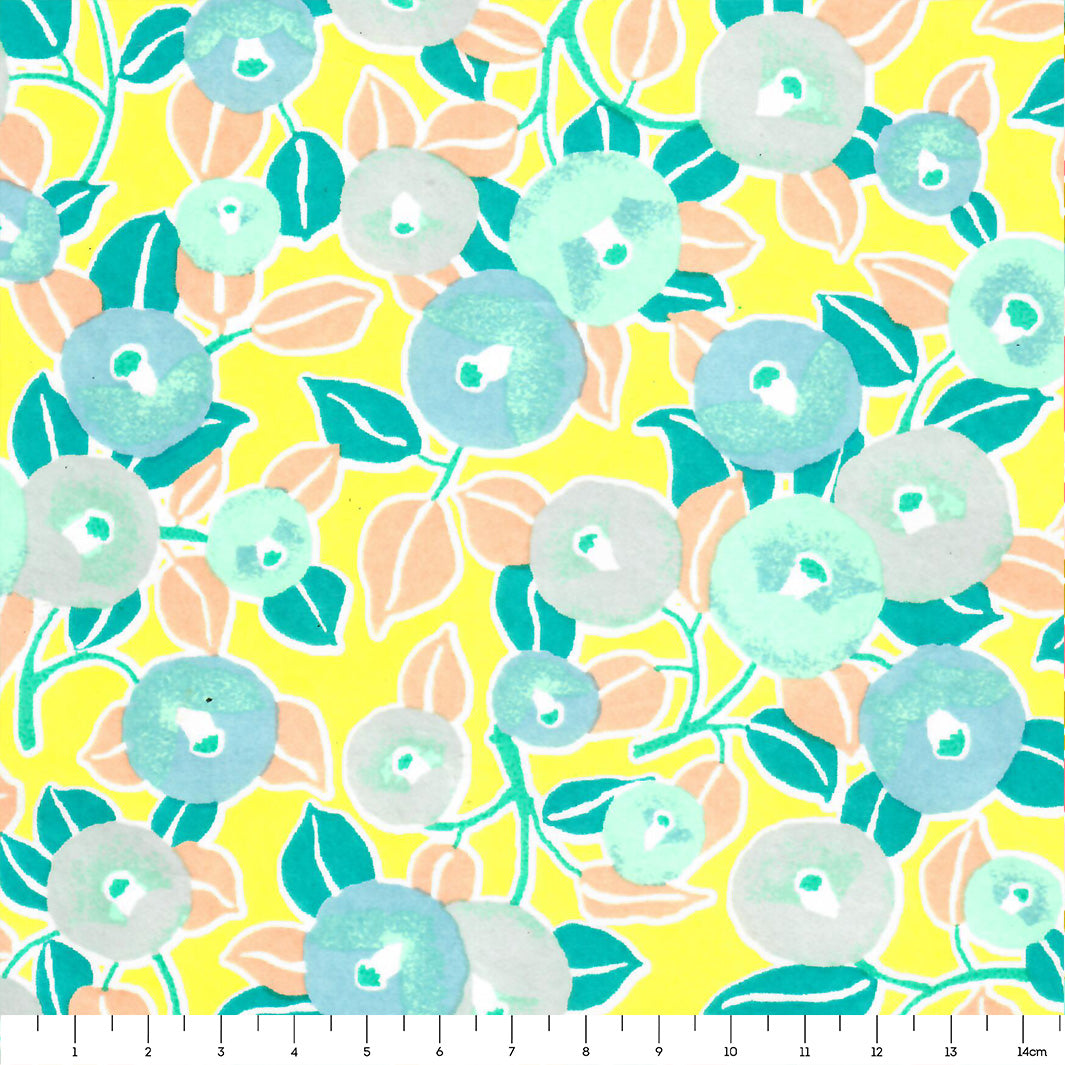 Papier Japonais - Camélias - Vert d'eau, Turquoise, Saumon et Jaune - M805