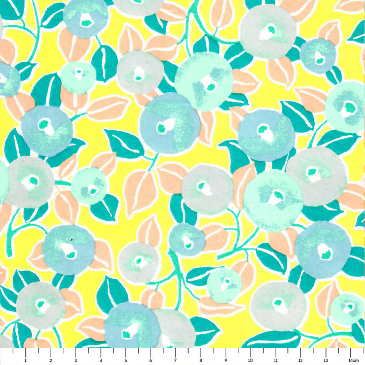 Papier Japonais - Camélias - Vert d'eau, Turquoise, Saumon et Jaune - M805