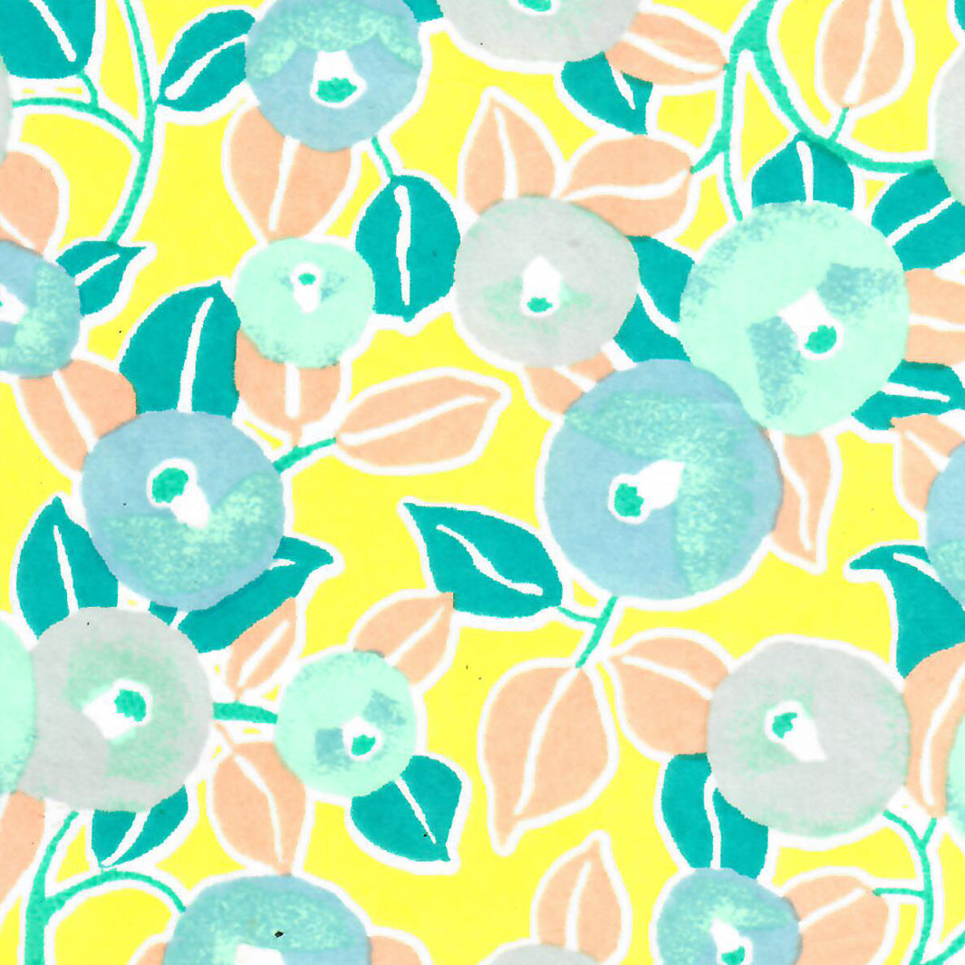 Papier Japonais - Camélias - Vert d'eau, Turquoise, Saumon et Jaune - M805
