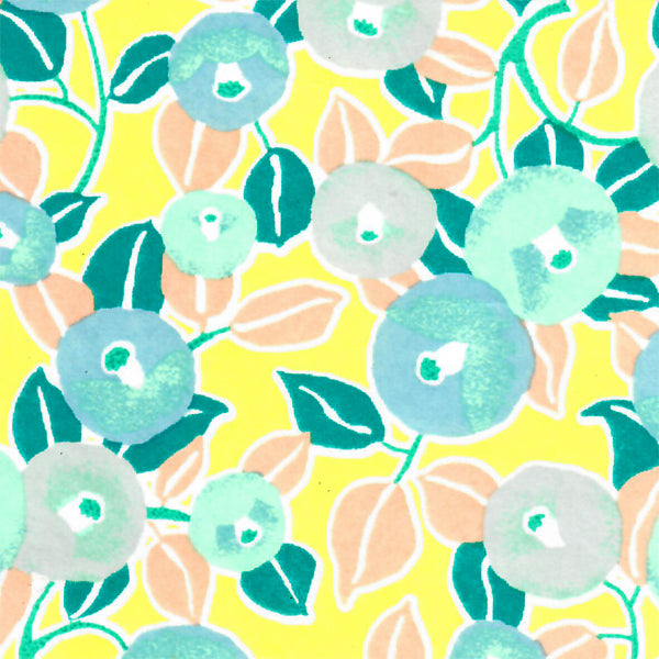 Miroir de Poche en Papier Japonais - Camélias - Vert d'eau, Turquoise, Saumon et Jaune - M805