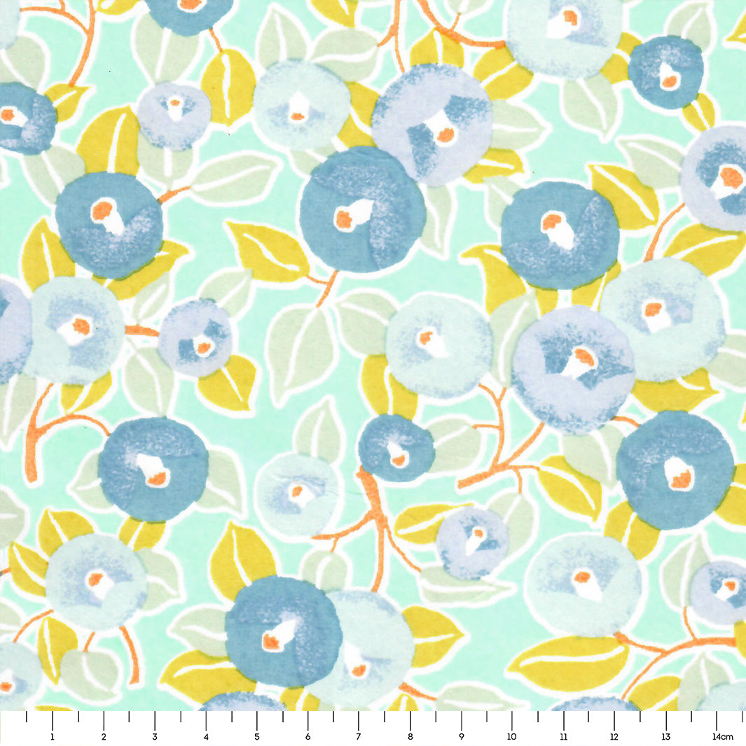 Papier Japonais - Camélias - Vert d'Eau et Anis, Bleu Gris et Jaune Moutarde - M806