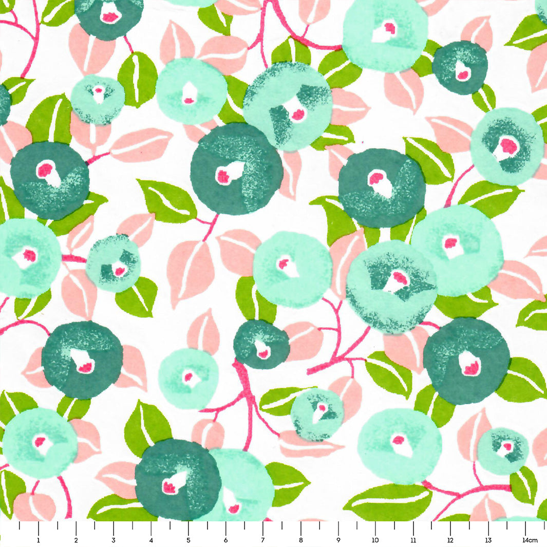Papier Japonais - Camélias - Rose Pâle, Bleu Canard, Vert d'Eau et Feuille- M809