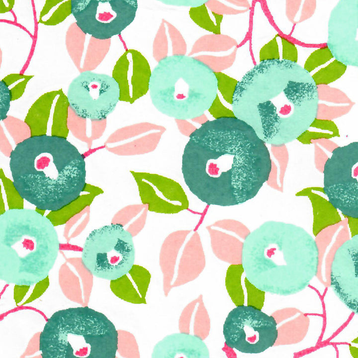 Papier Japonais - Camélias - Rose Pâle, Bleu Canard, Vert d'Eau et Feuille- M809
