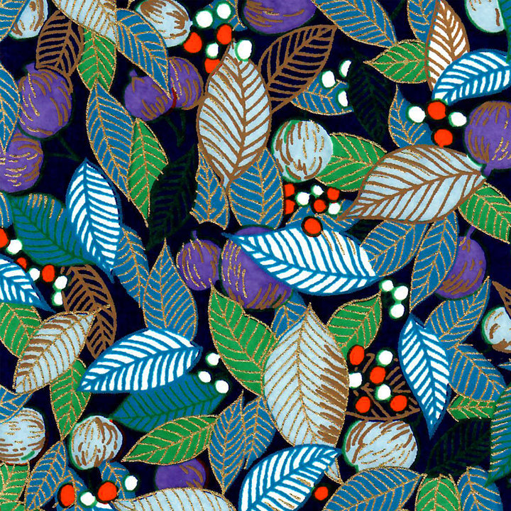 Papier Japonais - Feuilles, Baies et Fruits - Bleu, Vert et Violet - M829