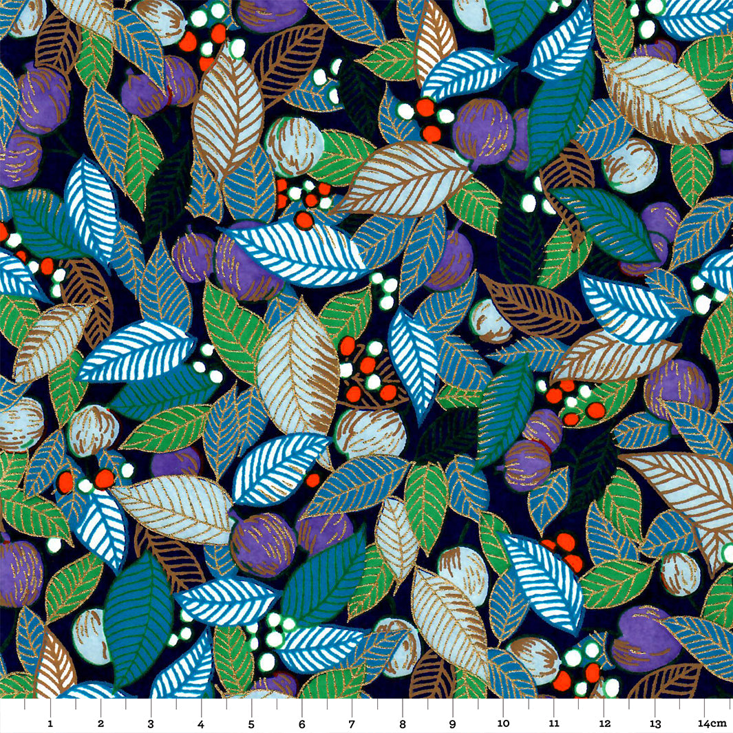 Papier Japonais - Feuilles, Baies et Fruits - Bleu, Vert et Violet - M829