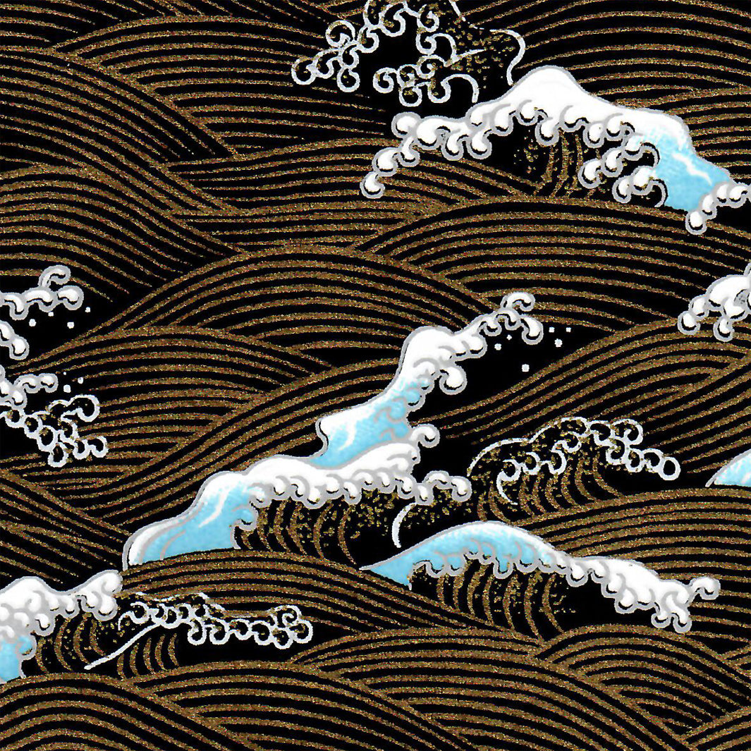 Papier Japonais - Vagues & Écumes - Noir, Bleu Ciel et Or - M850