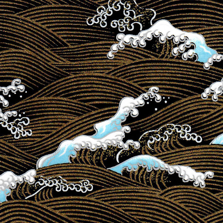 Papier Japonais - Vagues & Écumes - Noir, Bleu Ciel et Or - M850