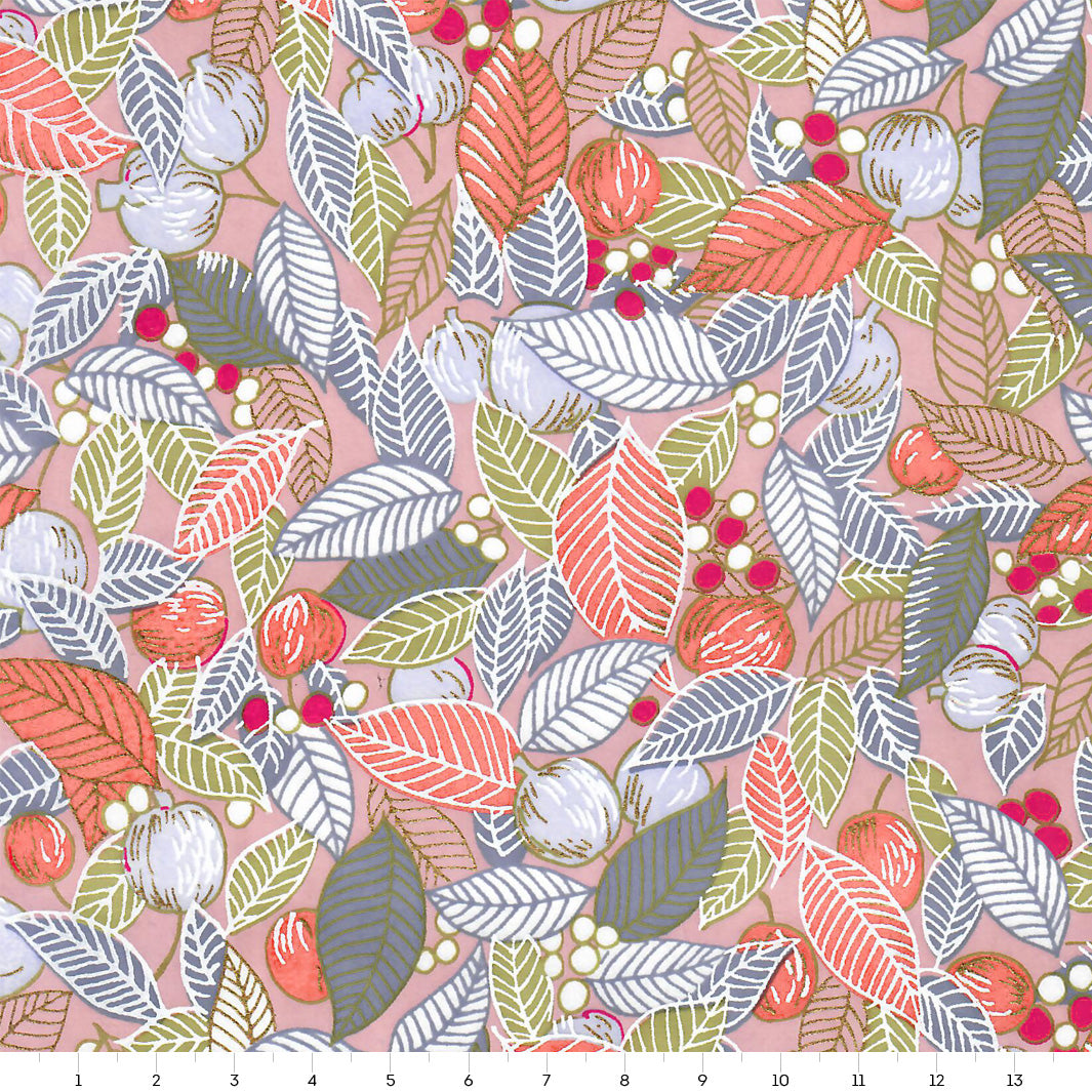 Papier Japonais - Feuilles, Baies et Fruits - Saumon, Orange et Mauve - M852