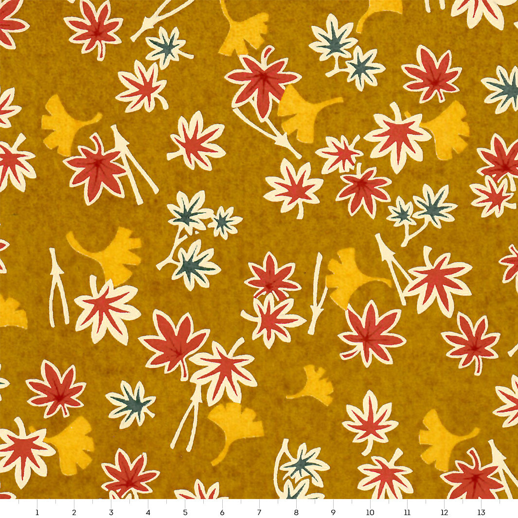 Papier Japonais - Feuilles Ginkgo et Érables - Jaune Moutarde, Rouge Brique et Vert Foncé - M879