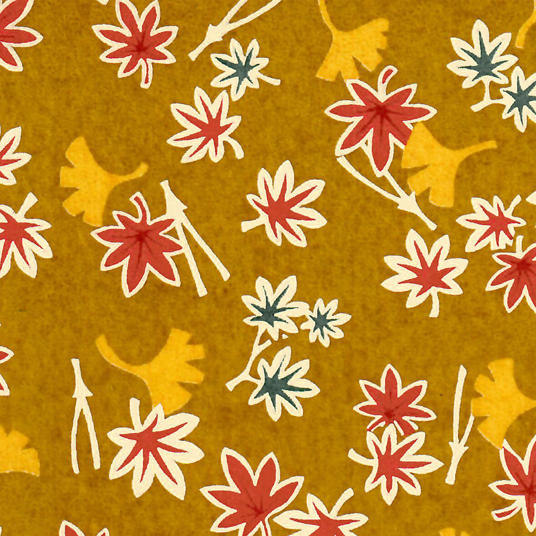 Papier Japonais - Feuilles Ginkgo et Érables - Jaune Moutarde, Rouge Brique et Vert Foncé - M879