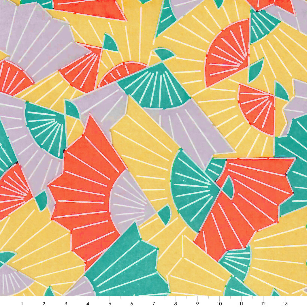Papier Japonais - Éventails Graphiques - Jaune, Mauve Pâle, Turquoise et Orange Vif - M881