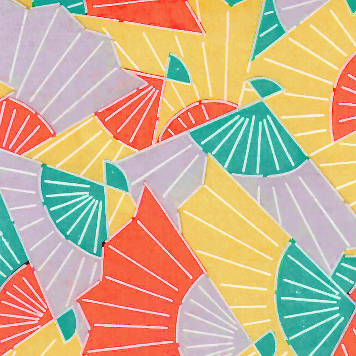 Papier Japonais - Éventails Graphiques - Jaune, Mauve Pâle, Turquoise et Orange Vif - M881