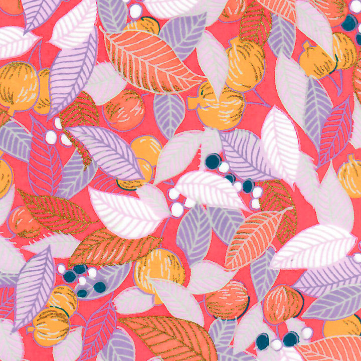 Papier Japonais - Feuilles, Baies et Fruits - Rose Orangé, Corail et Mauve - M887