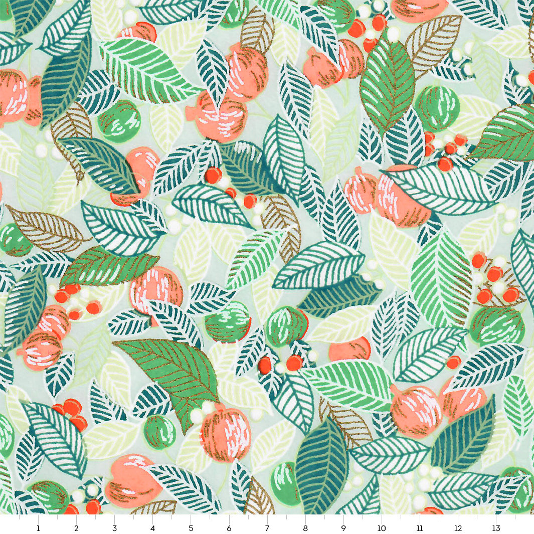 Papier Japonais - Feuilles, Baies et Fruits - Vert d'Eau, Vert Mousse et Corail - M888