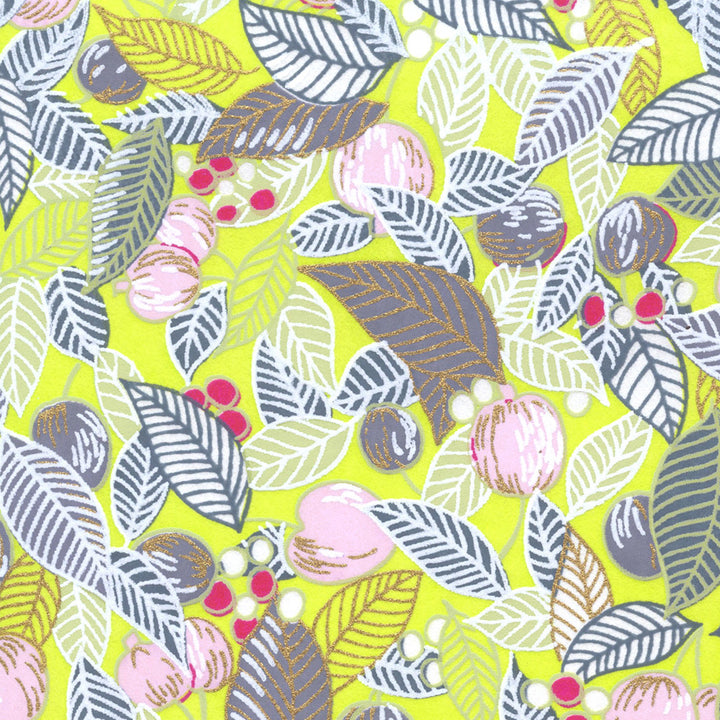 Papier Japonais - Feuilles, Baies et Fruits - Vert Acidulé, Gris Foncé et Rose Poudré - M897