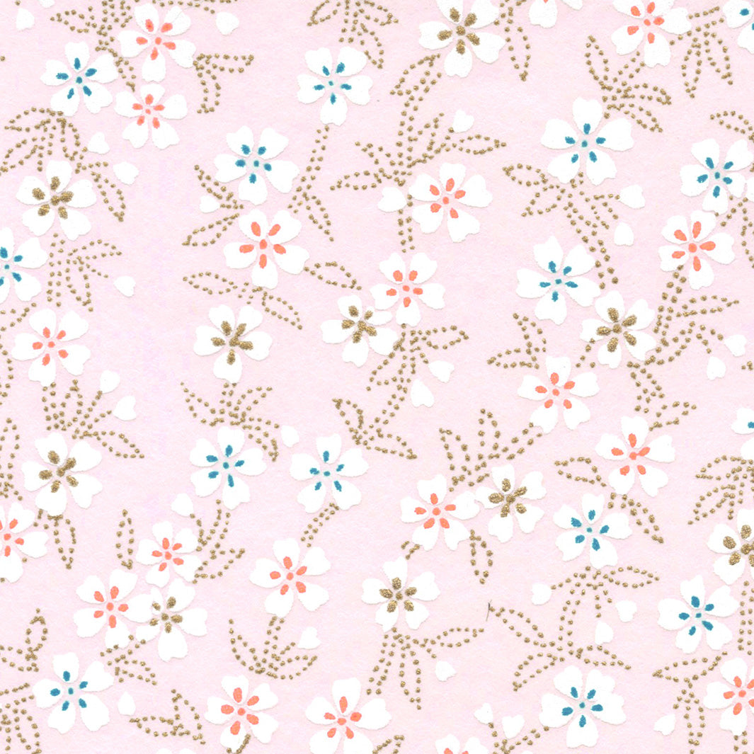 Papier Japonais - Fleurs de Cerisier et Feuillages en Pointillés - Rose Poudré - M904