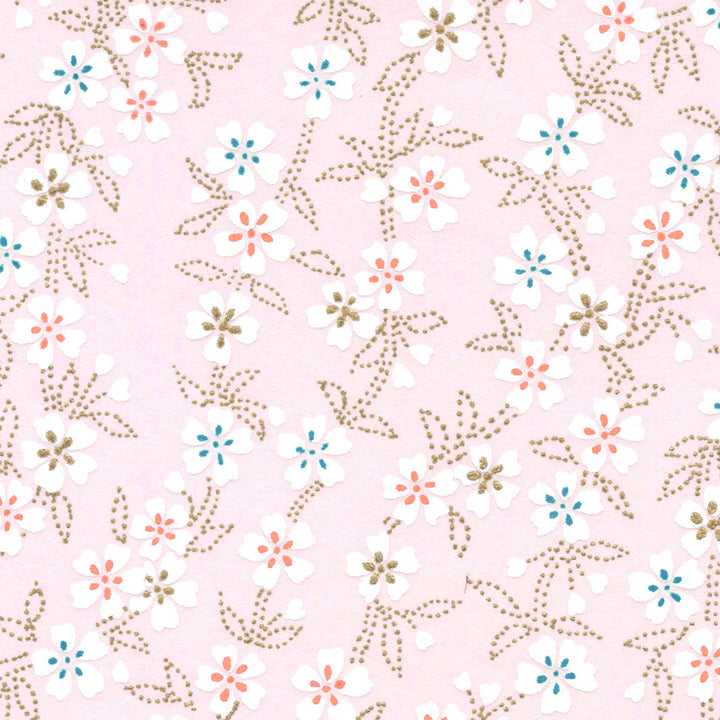 Papier Japonais - Fleurs de Cerisier et Feuillages en Pointillés - Rose Poudré - M904