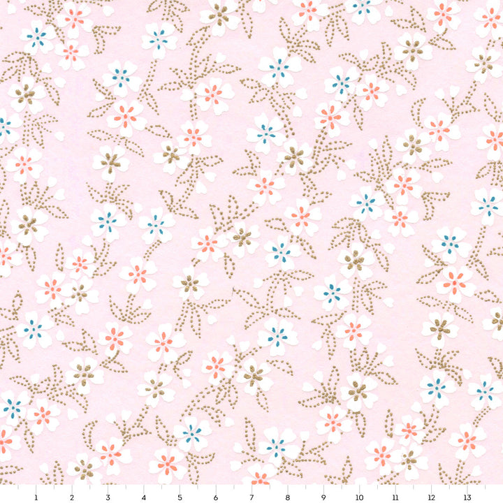 Papier Japonais - Fleurs de Cerisier et Feuillages en Pointillés - Rose Poudré - M904