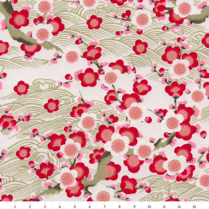 Papier Japonais - Fleurs de Prunier et Vagues - Blanc Nacré, Doré et Rouge - M911
